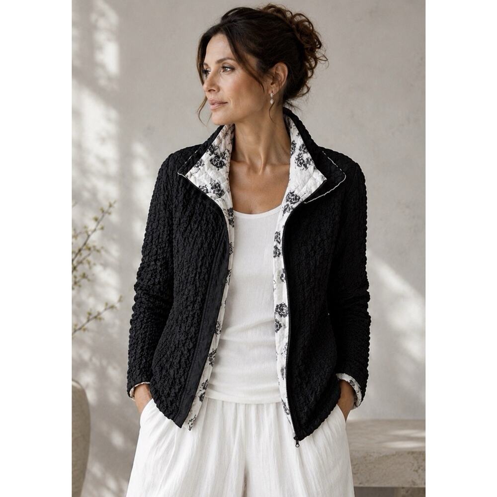 UBU Womens Reversible Jacket Large Full Zip Crinkle Soft Blk Wht Floral Stretch